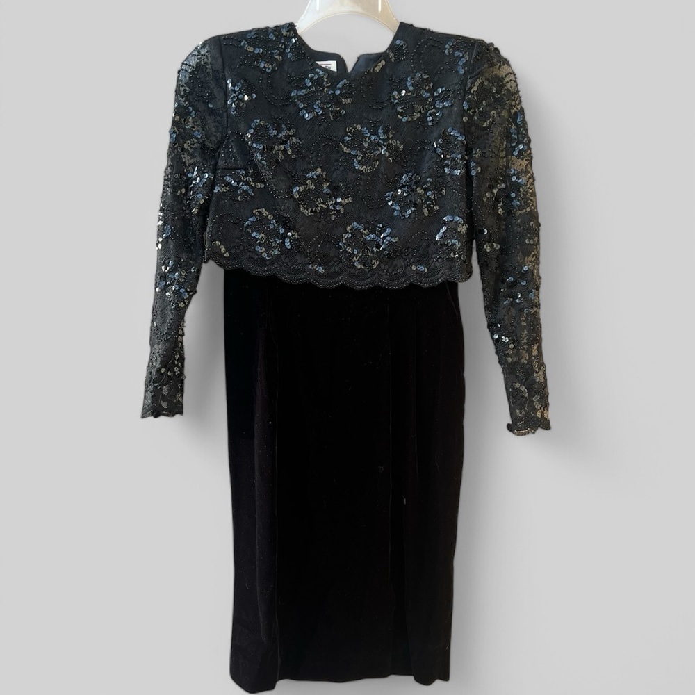 Talbots black beaded bodice velvet skirt cocktail dress
